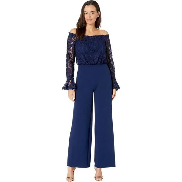 ADRIANNA PAPELL Off Shoulder Crepe Jumpsuit With Lace Bodice Navy Blue Size 2 - Picture 1 of 10